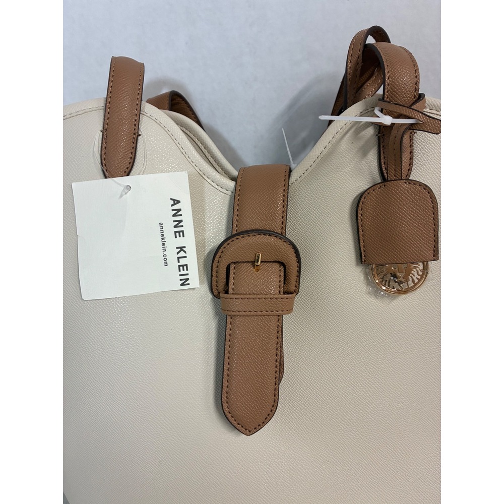 Anne Klein Two Tone Cream Cognac Brown Faux Leather Tote Bag with Pouch NWT - Picture 2 of 9
